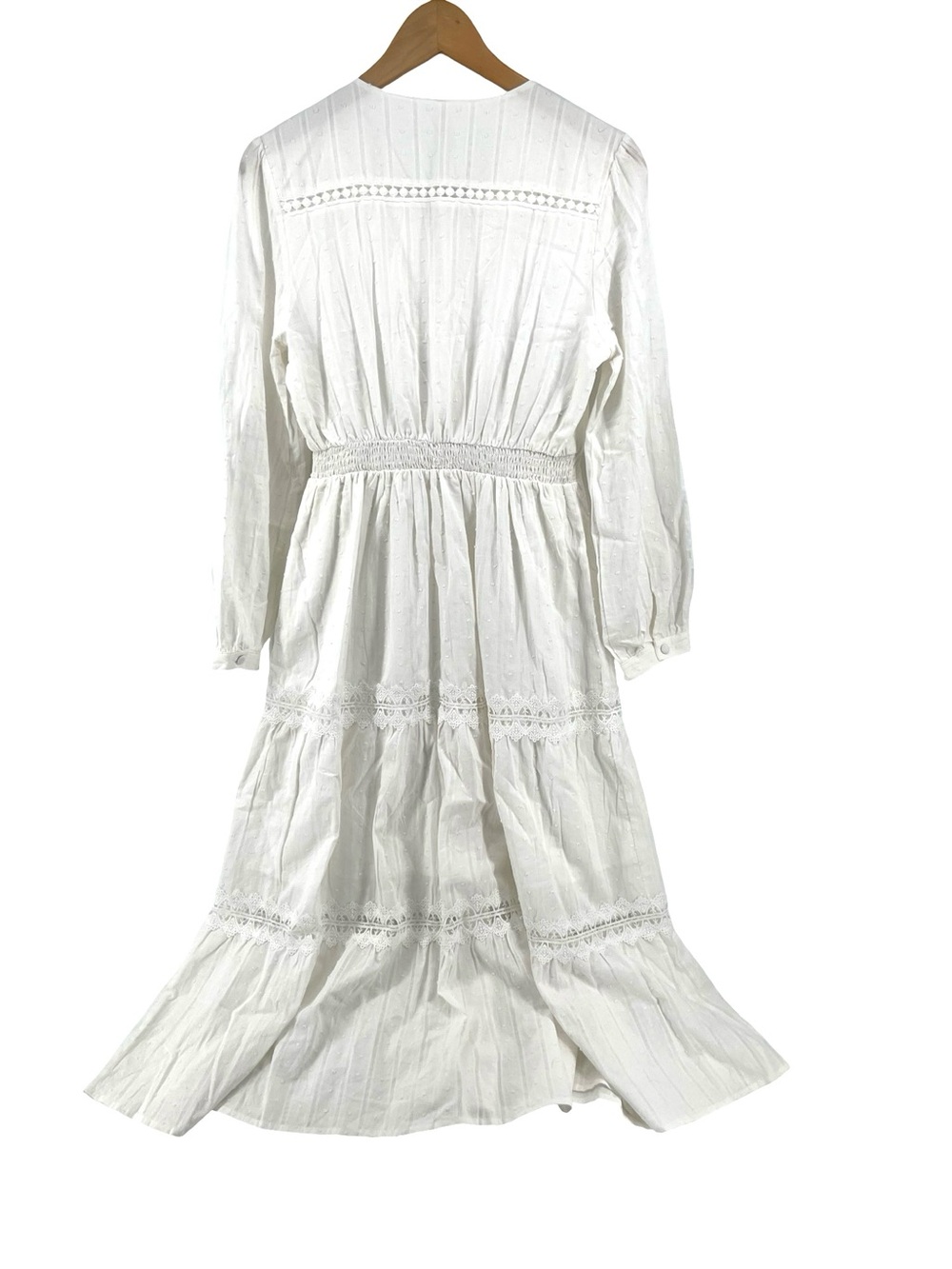 White Cotton Swiss Dot Maxi Dress Cottagecore Prairie Lace Tiered Boho M - Picture 3 of 9